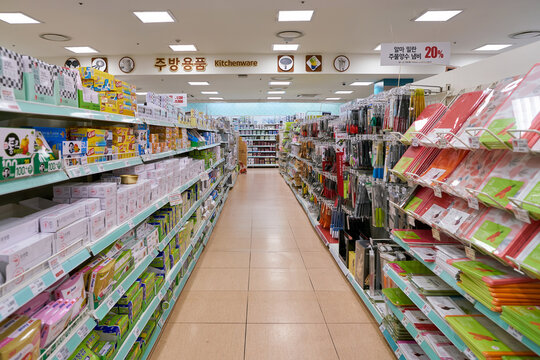 SEOUL, SOUTH KOREA - CIRCA MAY, 2017: inside Lotte Mart in Seoul. Lotte Mart is an east Asian hypermarket that sells a variety of groceries, clothing, toys, electronics, and other goods.
