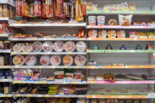 SEOUL, SOUTH KOREA - CIRCA MAY, 2017: goods on display at GS25 convenience store in Seoul. GS25 is a convenience store brand in South Korea.