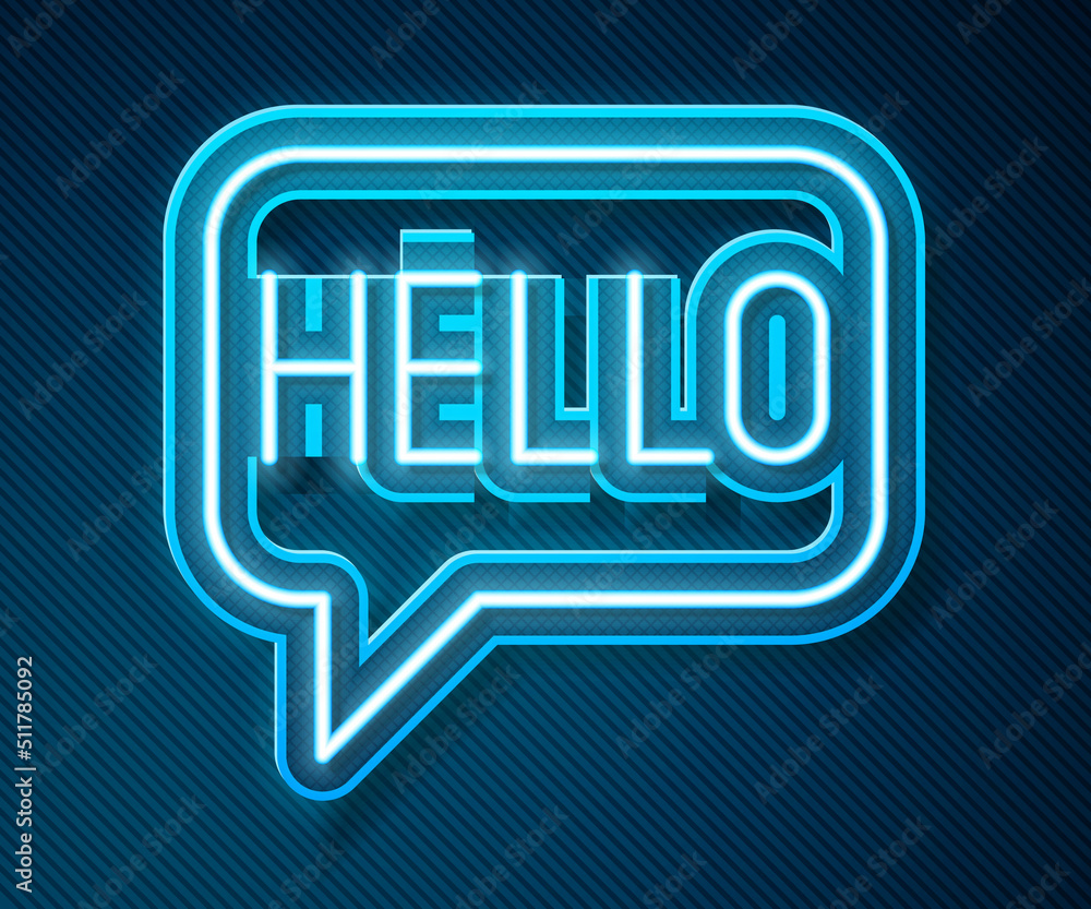 Poster glowing neon line hello in different languages icon isolated on blue background. speech bubbles. vec