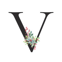 Watercolor Christmas Floral black Alphabet letter V with floral bouquet, Winter Holiday Animal botanical illustration. Monogram initials for wedding stationery, nursery, greeting card, logo, poster,