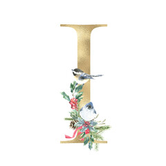Watercolor Christmas Gold Floral Alphabet letter I with floral bouquet, Winter Holiday Animal botanical illustration. Monogram initials for wedding stationery, nursery, greeting card, logo, poster,