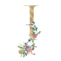 Watercolor Christmas Gold Floral Alphabet letter J with floral bouquet, Winter Holiday Animal botanical illustration. Monogram initials for wedding stationery, nursery, greeting card, logo, poster,