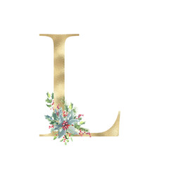 Watercolor Christmas Gold Floral Alphabet letter L with floral bouquet, Winter Holiday Animal botanical illustration. Monogram initials for wedding stationery, nursery, greeting card, logo, poster,