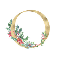Watercolor Christmas Gold Floral Alphabet letter O with floral bouquet, Winter Holiday Animal botanical illustration. Monogram initials for wedding stationery, nursery, greeting card, logo, poster,