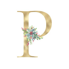 Fototapeta premium Watercolor Christmas Gold Floral Alphabet letter P with floral bouquet, Winter Holiday Animal botanical illustration. Monogram initials for wedding stationery, nursery, greeting card, logo, poster,