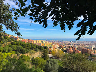 view of Park Güell. The combination of nature and architecture in the design of Park Güell in...