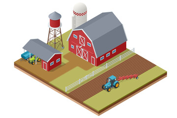 Isometric Farm building with agricultural tractor, cultivated fields. Agriculture wheat field.