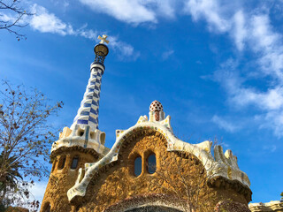 view of Park Güell. The combination of nature and architecture in the design of Park Güell in...