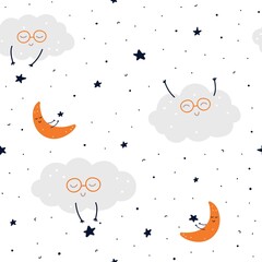 Vector hand-drawn seamless sky pattern with cartoon clouds, stars, moons. Cute decorative Scandinavian doodle print for textiles, fabric, clothing, children's room design.