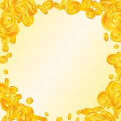 American dollar coins falling. Fancy scattered USD coins. USA money. Magnetic jackpot, wealth or success concept. Vector illustration.