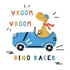 Cute vector hand-drawn illustration with a dinosaur racer riding a racing car with a beep. Dinosaur is ideal for children's clothing, textiles, prints. - obrazy, fototapety, plakaty
