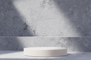 Minimal white modern empty cylinder pedestal for product showcase on a cement background stage. Mockup template. 3d render illustration