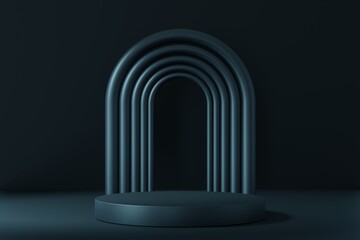Fototapeta premium Minimalist blue pedestal or podium for product showcase. Empty stage. Geometric abstract shapes design on background. 3d render illustration