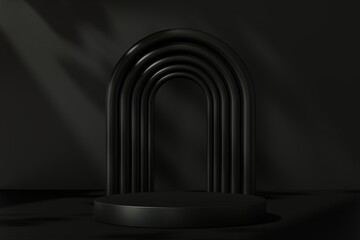 Minimal black podium stage mock up for product background. Cylinder pedestal for display. Empty product backdrop. Beauty, cosmetic product presentation. Copy space. 3d render illustration