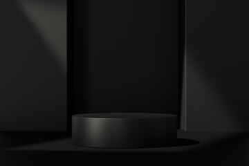 Minimal black podium stage mock up for product background. Cylinder pedestal for display. Empty product backdrop. 3d render illustration