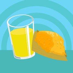 Pamonha with juice, sweet corn cake with orange juice, blue background