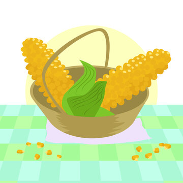 Espigas de milho dentro de cesta de palha, com grãos soltos na toalha de mesa. para época colheita, comida natural de qualidade