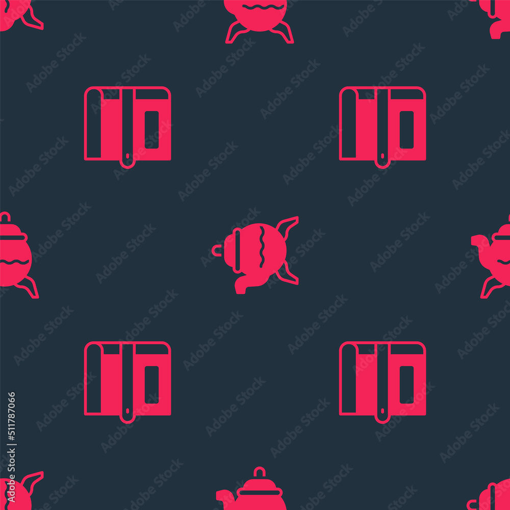 Poster set book and classic teapot on seamless pattern. vector