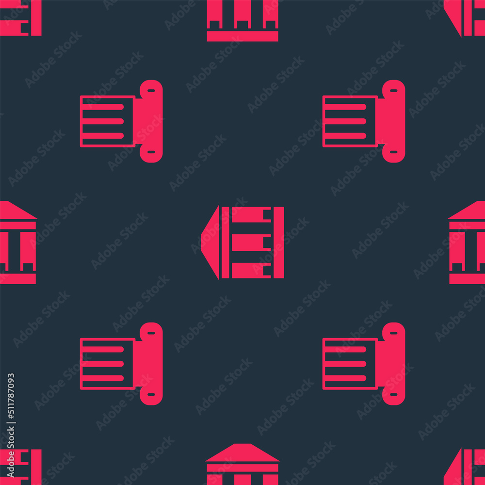 Poster set ancient column and museum building on seamless pattern. vector