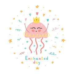 A magical cute hand drawn children's poster with a funny magical jellyfish princess. Suitable for printing, posters, postcards, labels, flyers, pages, banners, children's clothing, children's room.