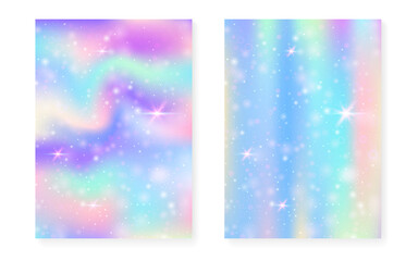 Princess background with kawaii rainbow gradient. Magic unicorn hologram.