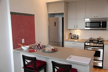 Appartement kitchen in a modern loft with stainless fridge and oven and microwave