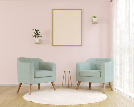 Renderização 3d de sala de estar para visitas ou leitura. Possui poltrona de tonalidade clara, assim como tapete e acessórios de parede. Sala clara e relaxante. design de interior