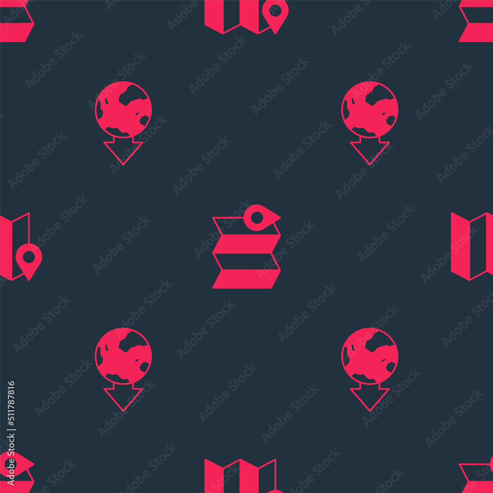 Poster Set Location on the globe and Folded map with location marker on seamless pattern. Vector