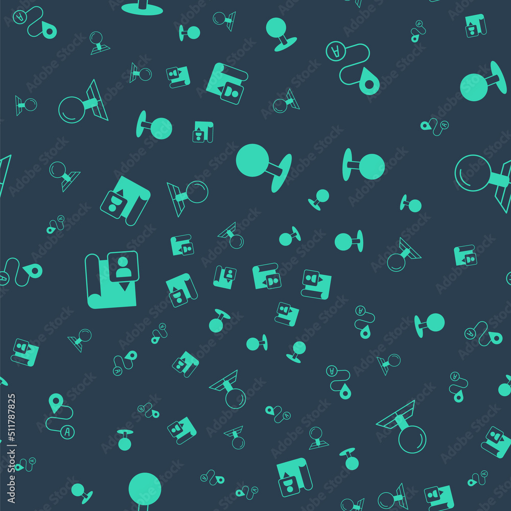 Aufkleber set push pin, route location, folded map with marker and on seamless pattern. vector