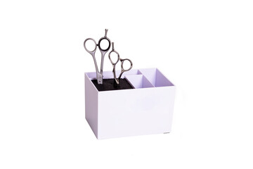 Scissor holder, Scissors for hairdressers and barbers, white background, isolated