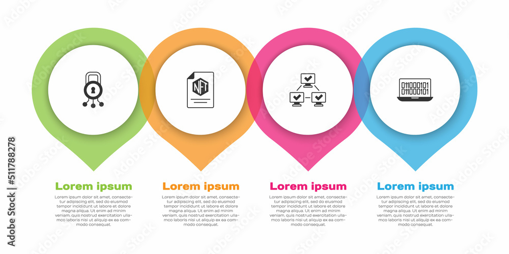 Poster set cyber security, nft contract, blockchain technology and binary code. business infographic templa