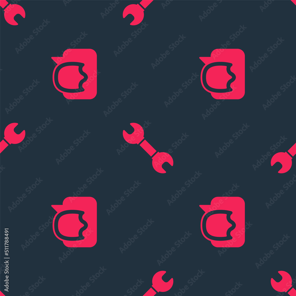 Poster set speech bubble chat and wrench spanner on seamless pattern. vector