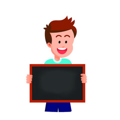 happy boy holding a small blank blackboard