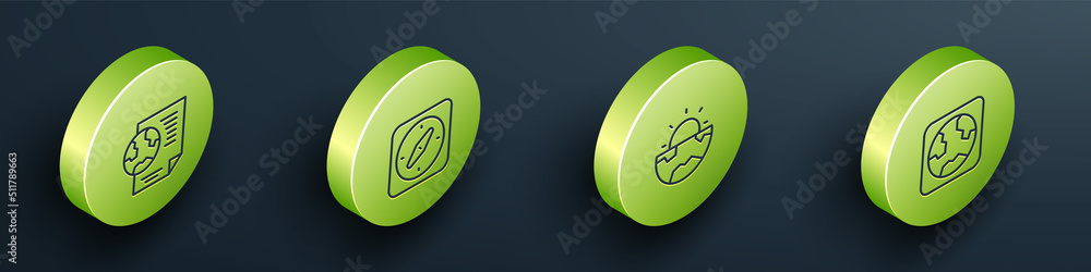 Poster set isometric line earth globe with document, compass, core structure crust and icon. vector