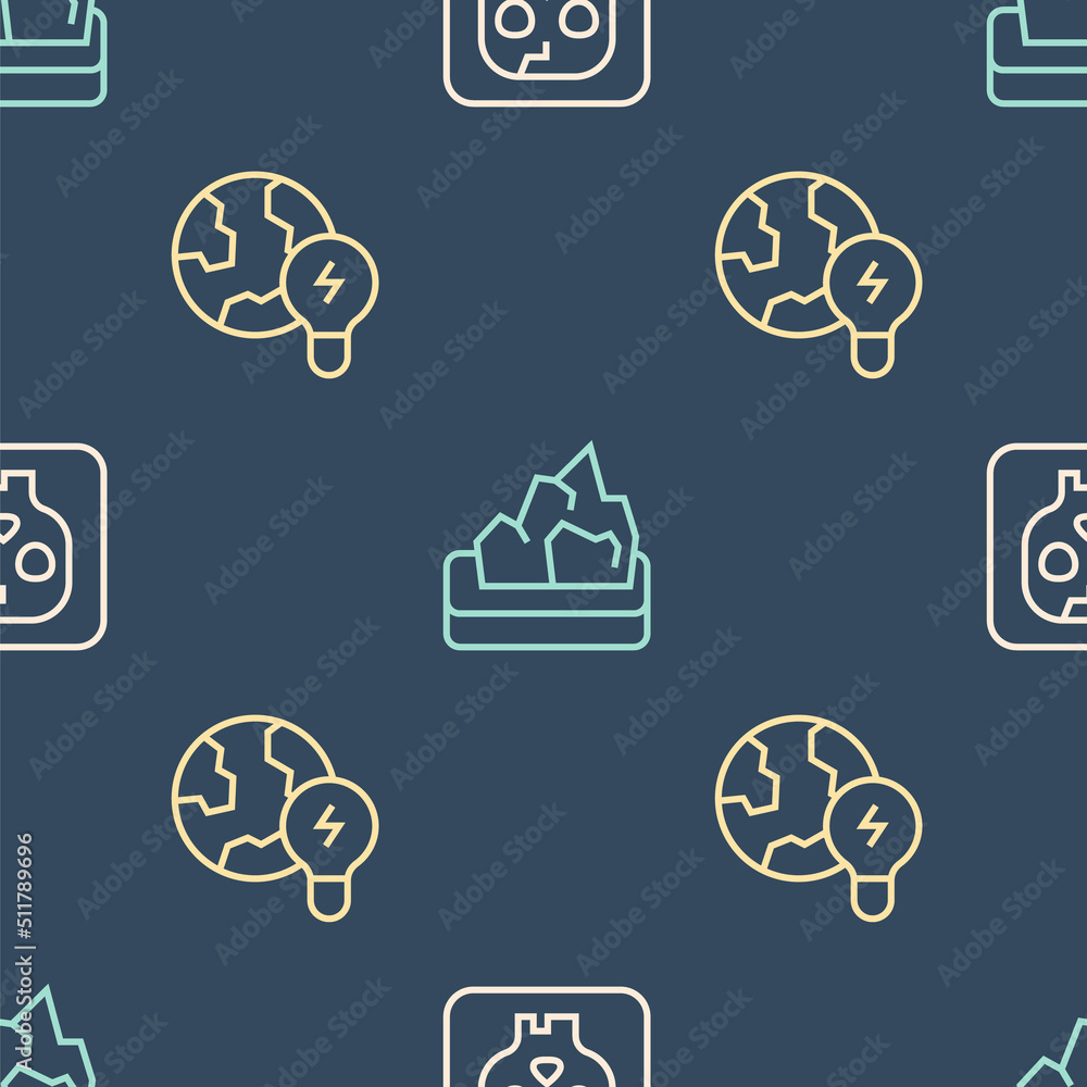 Poster set line archeology, global planet with bulb and ore mining on seamless pattern. vector