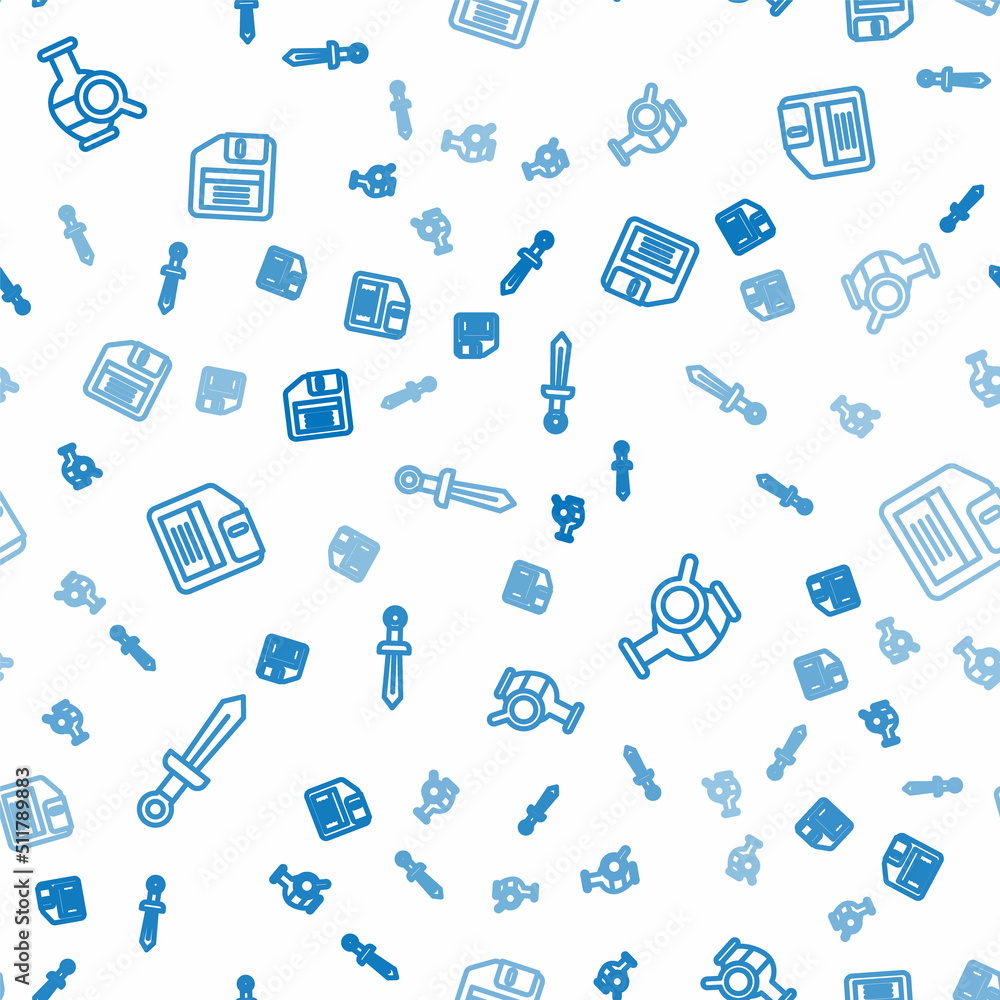 Poster set line medieval sword, ancient amphorae and floppy disk on seamless pattern. vector