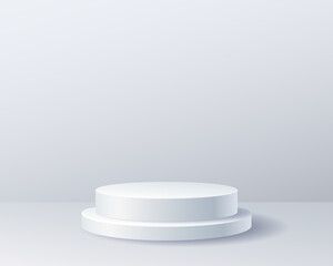 3D cylinder platform. White round podium on light grey background. Showcase for products presentation and advertising, empty space for place beauty or cosmetics product. Vector realistic  illustration