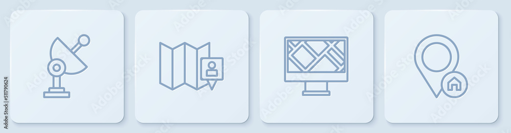 Poster set line radar, monitor with map location, folded marker and location house. white square button. ve