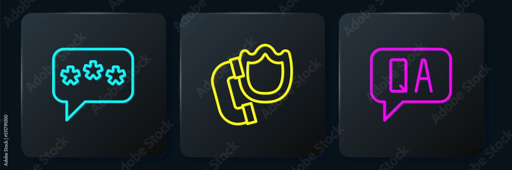Poster set line speech bubble chat, question and answer and telephone handset with shield. black square but