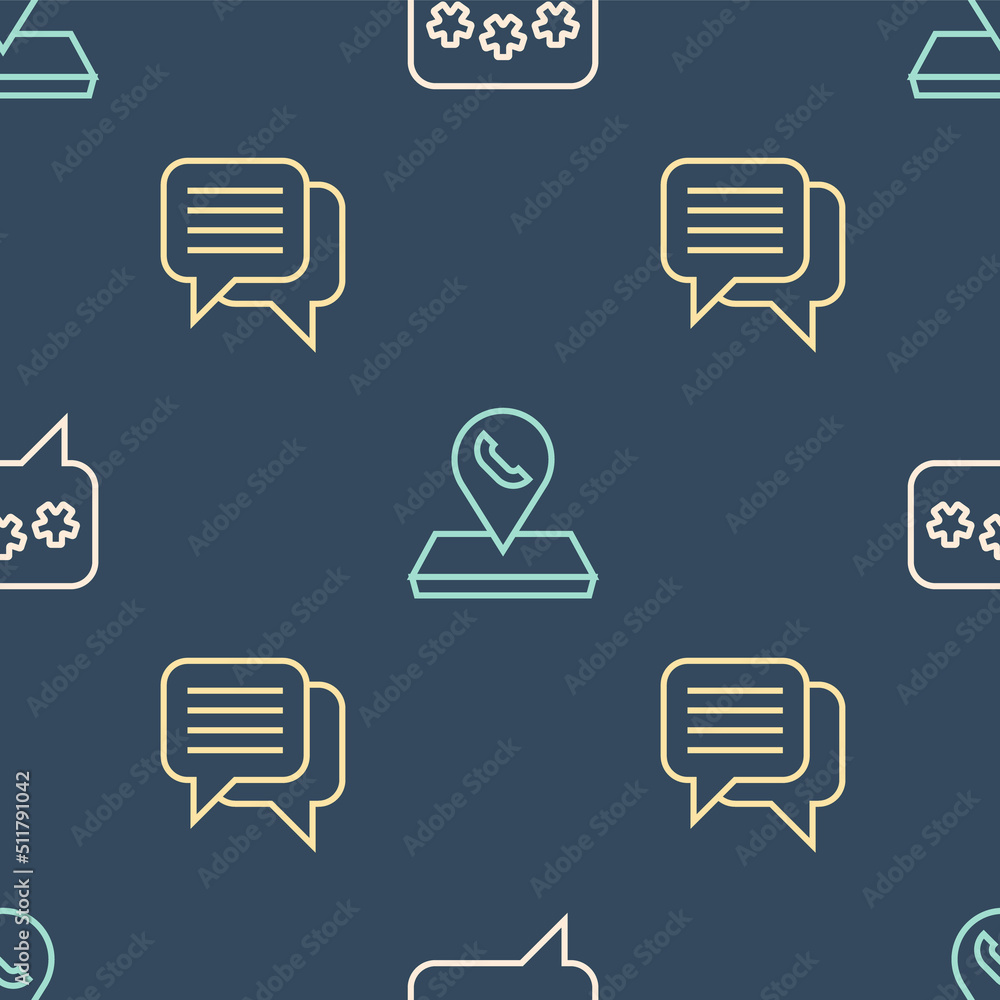 Poster set line speech bubble chat, and call center location on seamless pattern. vector
