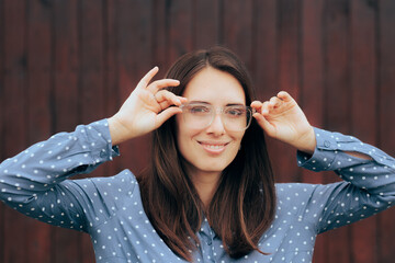 Happy Woman Wearing Transparent Frame Eyeglasses 