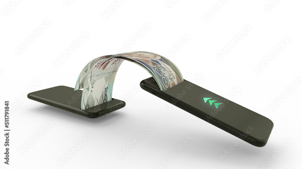 Poster 3d rendering of barbados dollar notes transferring from one phone to another. mobile money transacti