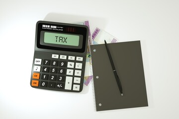 3D rendering of a composition of Central African CFA franc notes, a calculator, a note book and a pen isolated on dark background. Tax background design concept