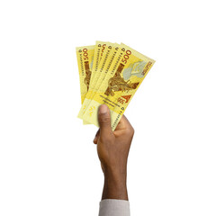 Black Hand holding 3D rendered CFA FRANC notes. Beninese, Burkinabe, Bissau-Guinean, Ivorian,...