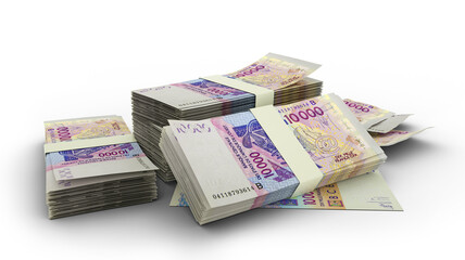 3d stack of 10000 West African CFA notes isolated on white background. 3d rendering