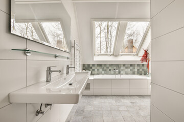 Interior of contemporary bathroom with shower and sink in minimal style in house