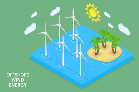 3D Isometric Flat Vector Conceptual Illustration of Offshore Wind Energy, Green Energy Turbines