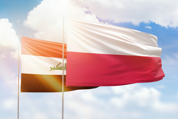 Sunny blue sky and flags of poland and iraq