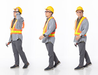 Full length 50s 60s Asian Chinese contractor builder engineer man, walking forward left right