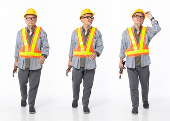 Full length 50s 60s Asian Chinese contractor builder engineer man, walking forward left right
